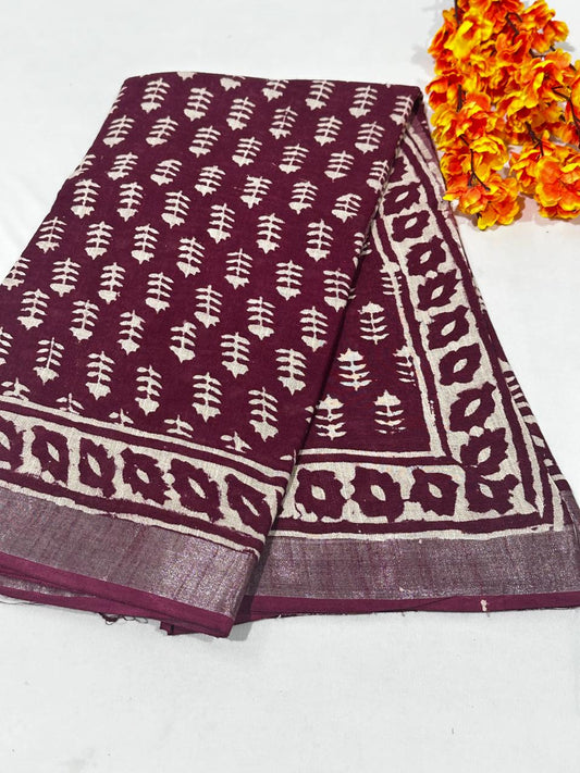 Bagru Hand Block Printed Saree In Linen Cotton With Blouse Piece - BFSGLC80