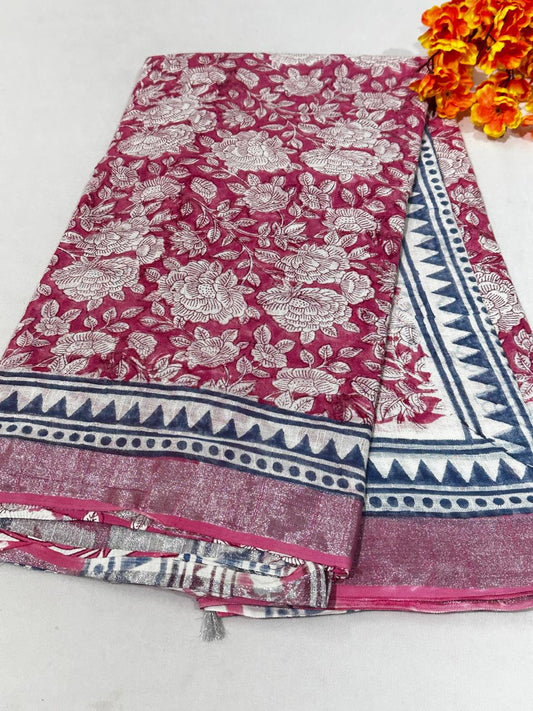 Bagru Hand Block Printed Saree In Linen Cotton With Blouse Piece - BFSGLC81