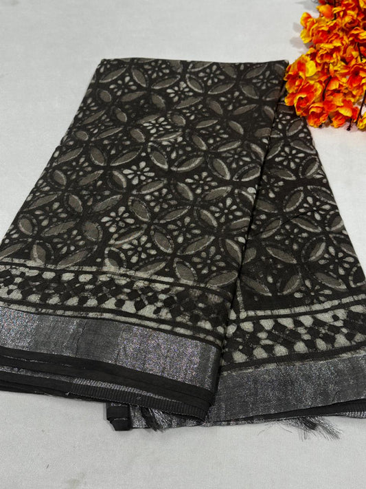 Bagru Hand Block Printed Saree In Linen Cotton With Blouse Piece - BFSGLC82