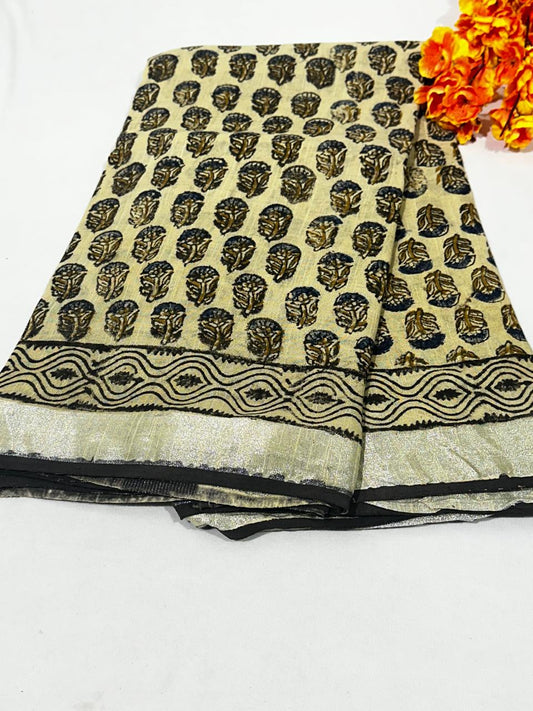 Bagru Hand Block Printed Saree In Linen Cotton With Blouse Piece - BFSGLC83