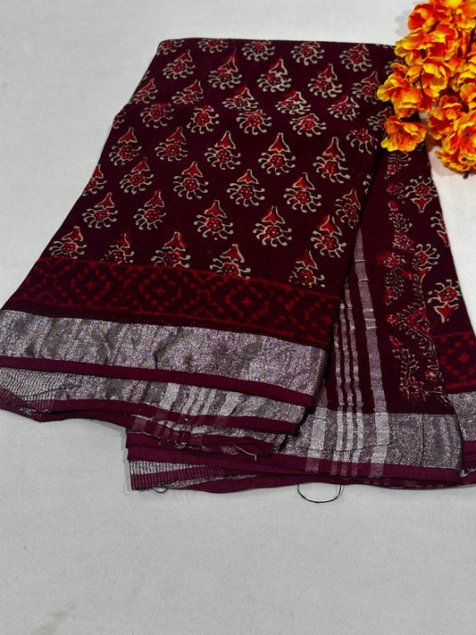 Bagru Hand Block Printed Saree In Linen Cotton With Blouse Piece - BFSGLC84