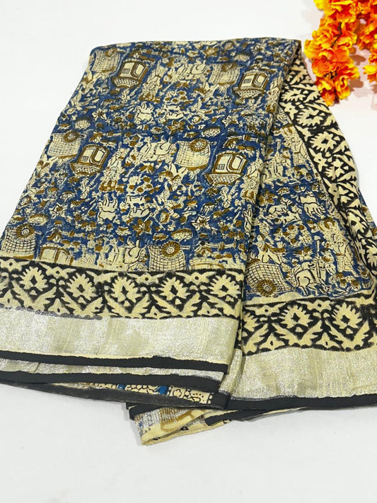 Bagru Hand Block Printed Saree In Linen Cotton With Blouse Piece - BFSGLC85