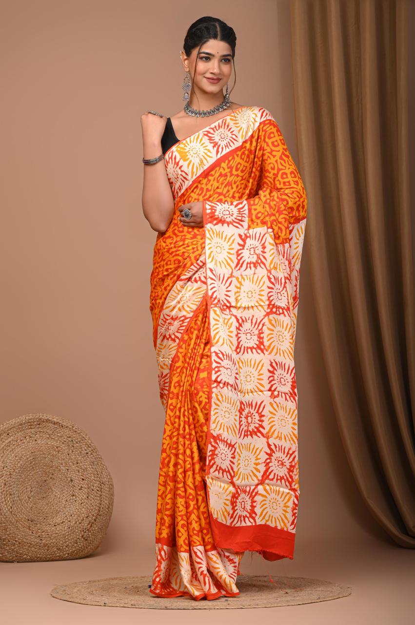 bagru,Modal Satin Silk, bagru saree, saree,hand block saree