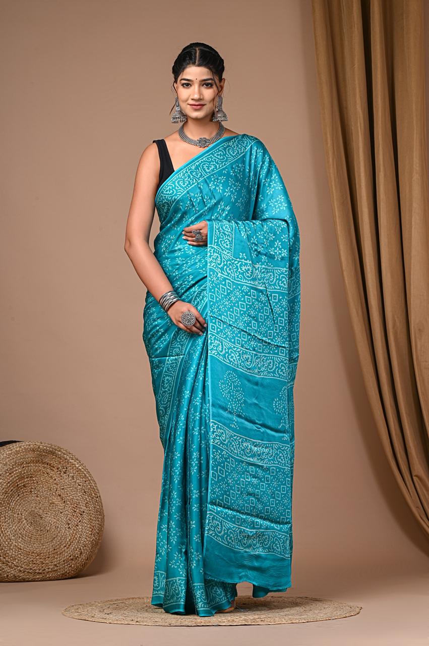 bagru,Modal Satin Silk, bagru saree, saree,hand block saree