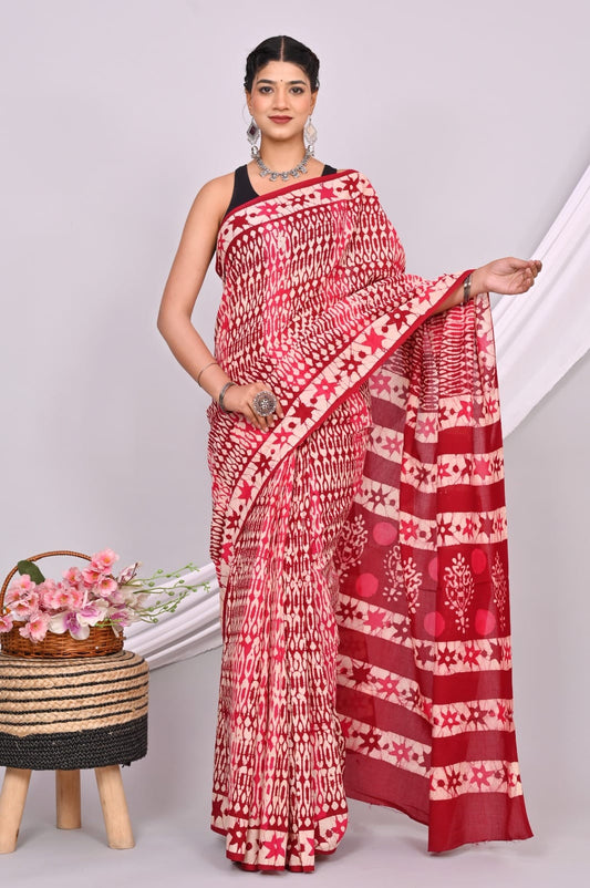 Batik Hand Block Printed Cotton Saree With Blouse Piece - BFSGC42