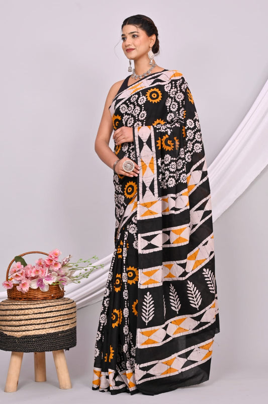 Batik Hand Block Printed Cotton Saree With Blouse Piece - BFSGC45