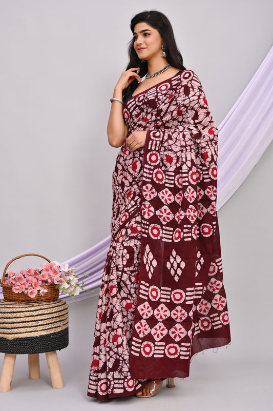 Batik Hand Block Printed Cotton Saree With Blouse Piece - BFSGC47