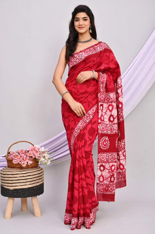 Batik Hand Block Printed Cotton Saree With Blouse Piece - BFSGC48