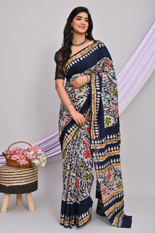 Batik Hand Block Printed Cotton Saree With Blouse Piece - BFSGC50