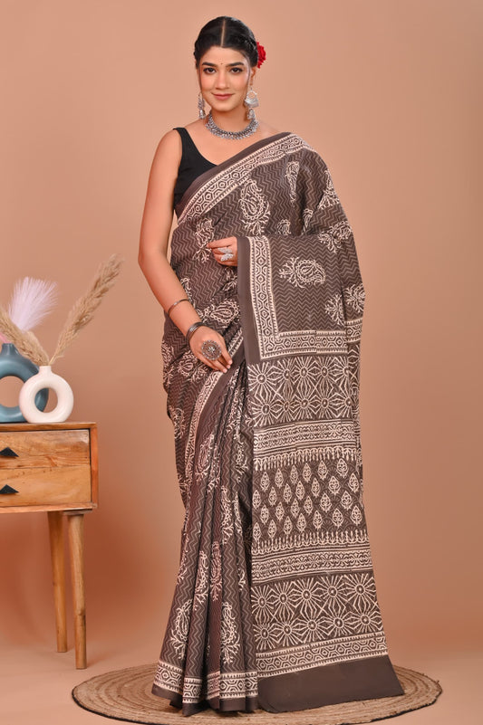 Dabu Hand Block Printed Cotton Saree With Blouse Piece - BFSGC51