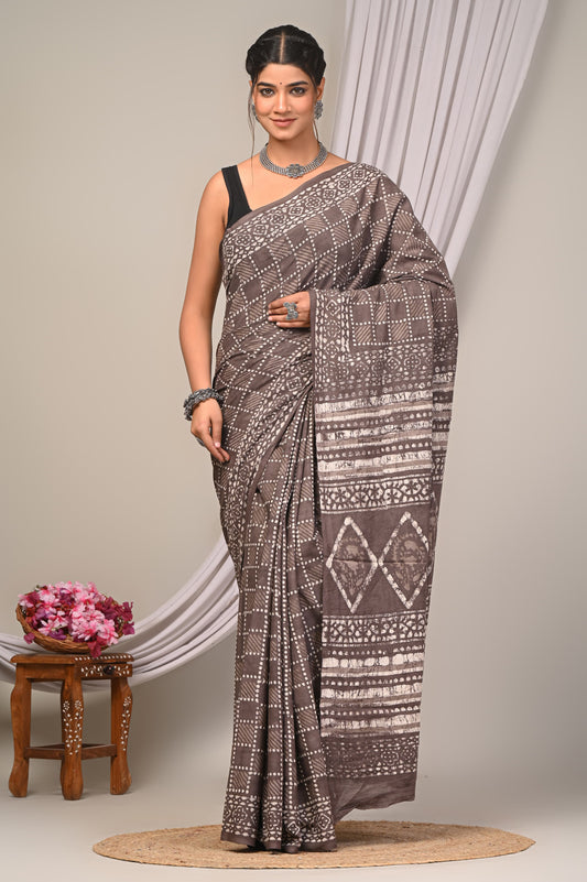 Dabu Hand Block Printed Cotton Saree With Blouse Piece - BFSGC52