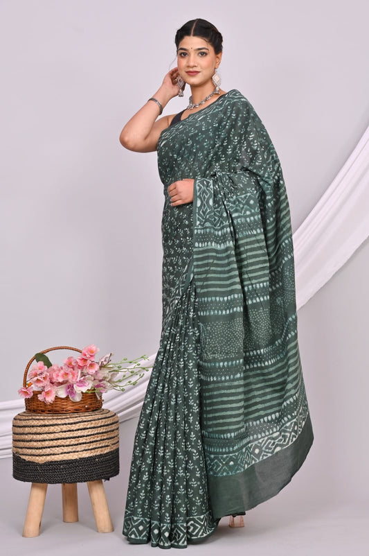 Dabu Hand Block Printed Cotton Saree With Blouse Piece - BFSGC57