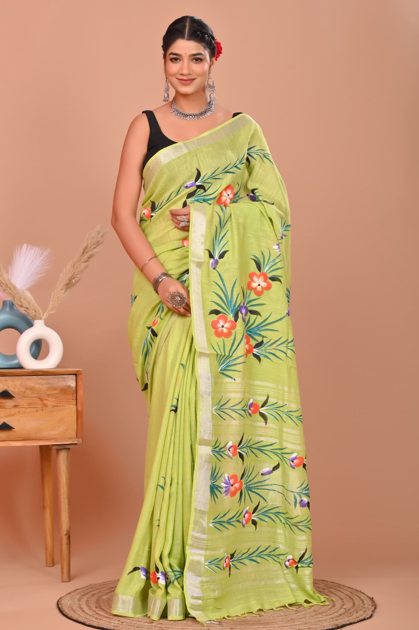 Painted via Hand Brush Linen Cotton Saree With Blouse Piece - BFSGLC70