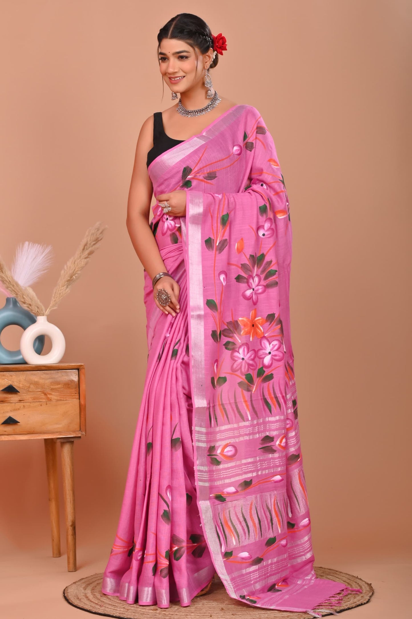 Painted via Hand Brush Linen Cotton Saree With Blouse Piece - BFSGLC73