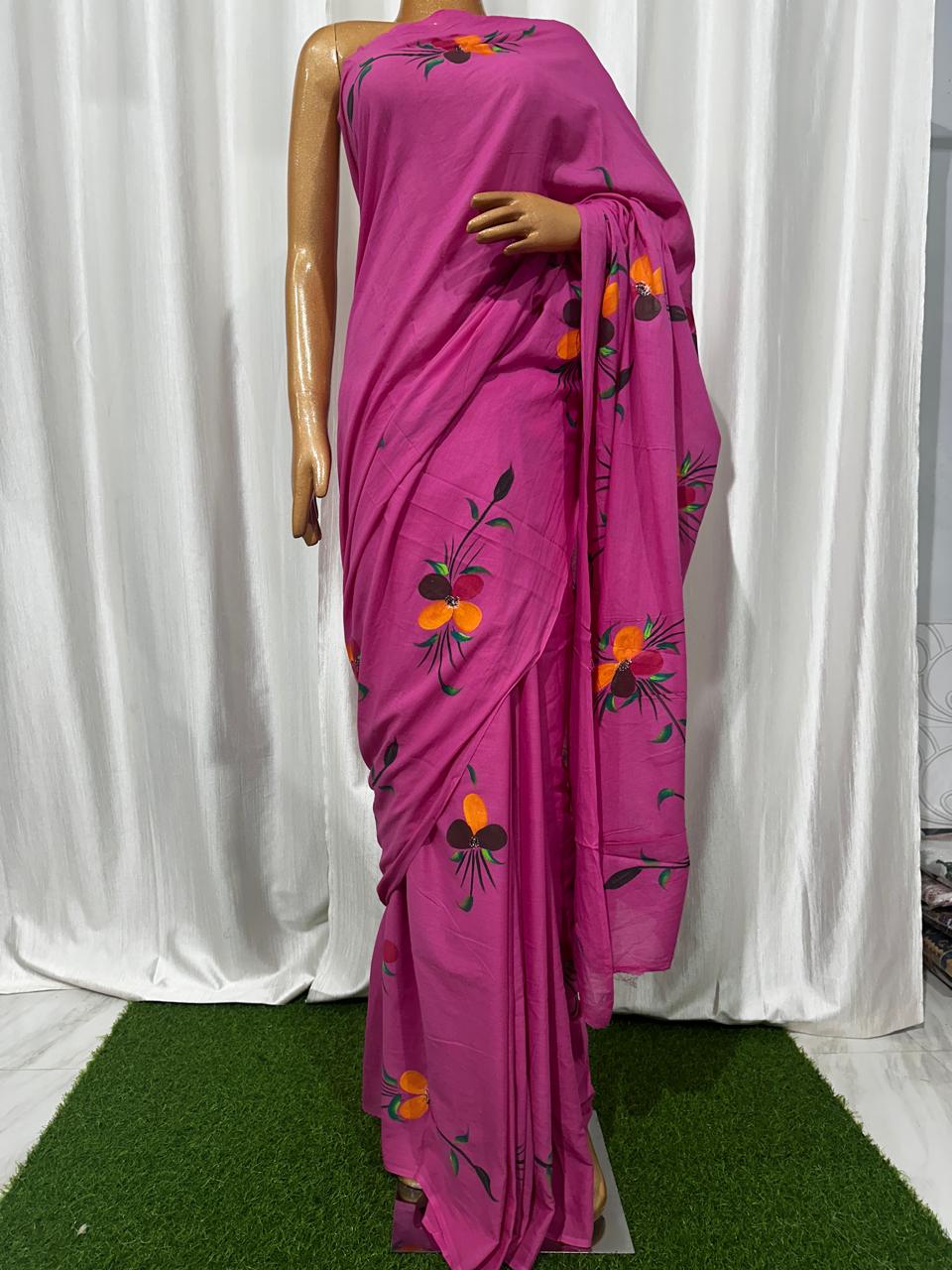 Painted via Hand Brush Cotton Saree With Blouse Piece - BFSGC90