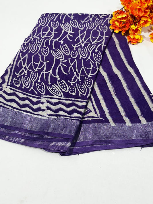 Indigo Hand Block Printed Saree In Linen Cotton With Blouse Piece - BFSGLC86