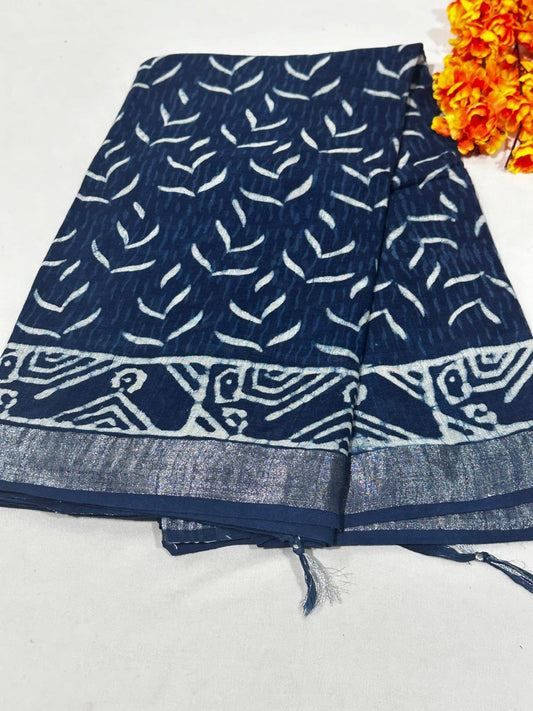 Indigo Hand Block Printed Saree In Linen Cotton With Blouse Piece - BFSGLC88