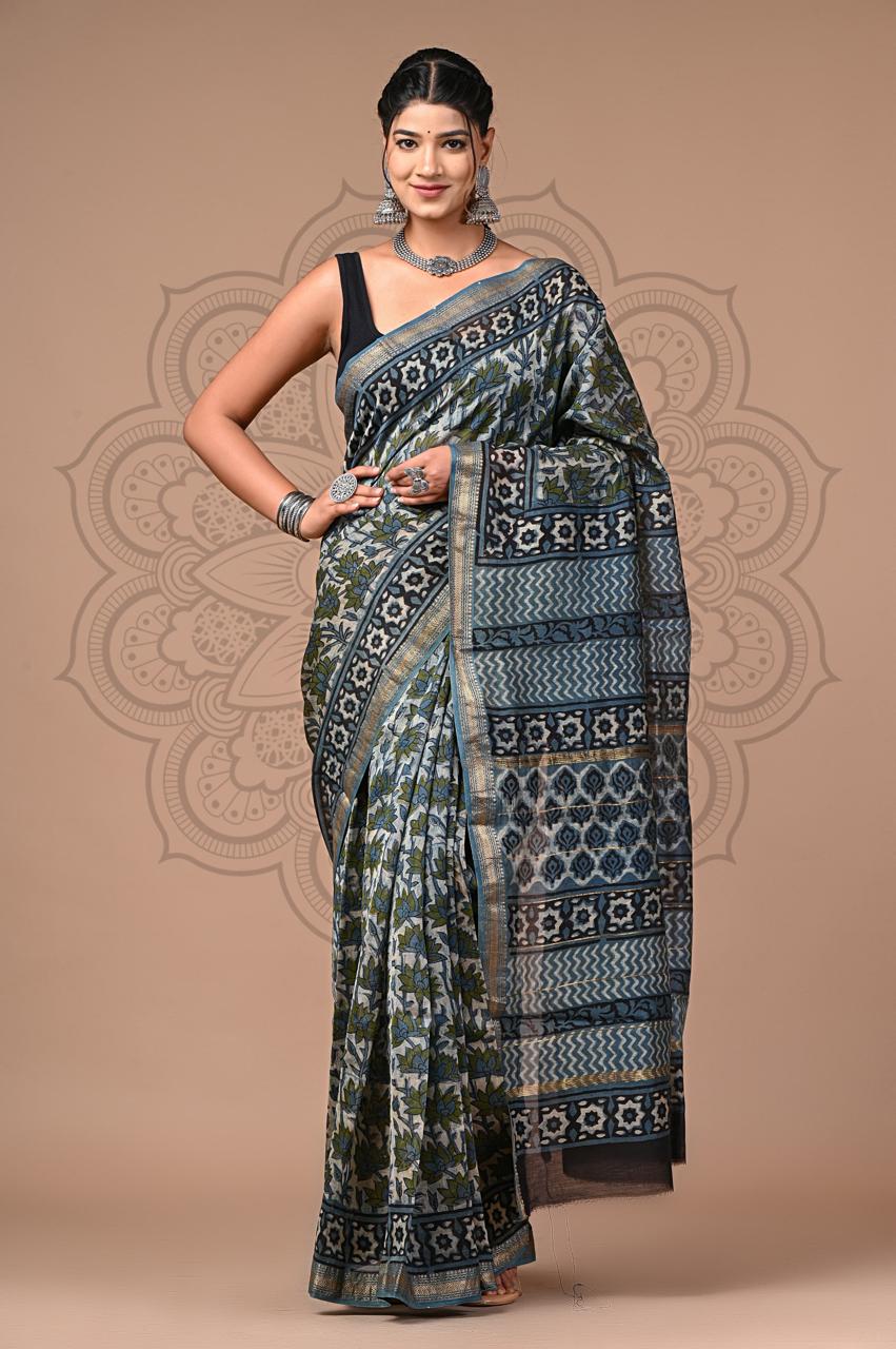 bagru, Maheshwari Silk Vanspati Ajrakh Print Sarees, bagru saree, Ajrakh, saree,hand block saree, Maheshwari Silk