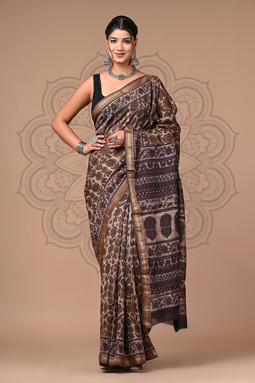 bagru, Maheshwari Silk Vanspati Ajrakh Print Sarees, bagru saree, Ajrakh, saree,hand block saree, Maheshwari Silk