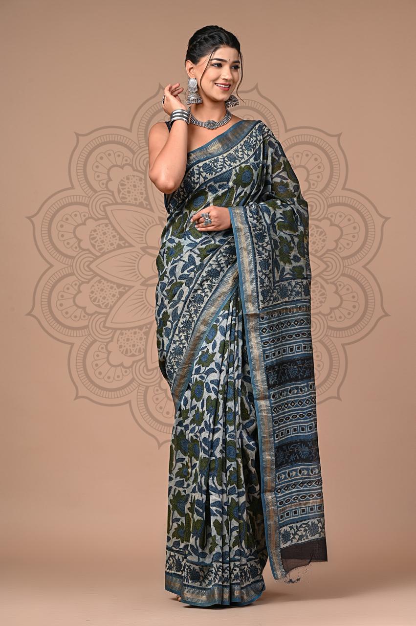 bagru, Maheshwari Silk Vanspati Ajrakh Print Sarees, bagru saree, Ajrakh, saree,hand block saree, Maheshwari Silk