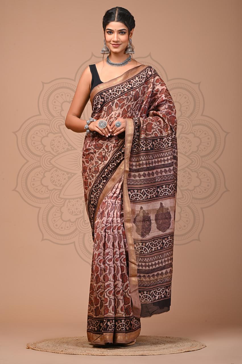 bagru, Maheshwari Silk Vanspati Ajrakh Print Sarees, bagru saree, Ajrakh, saree,hand block saree, Maheshwari Silk