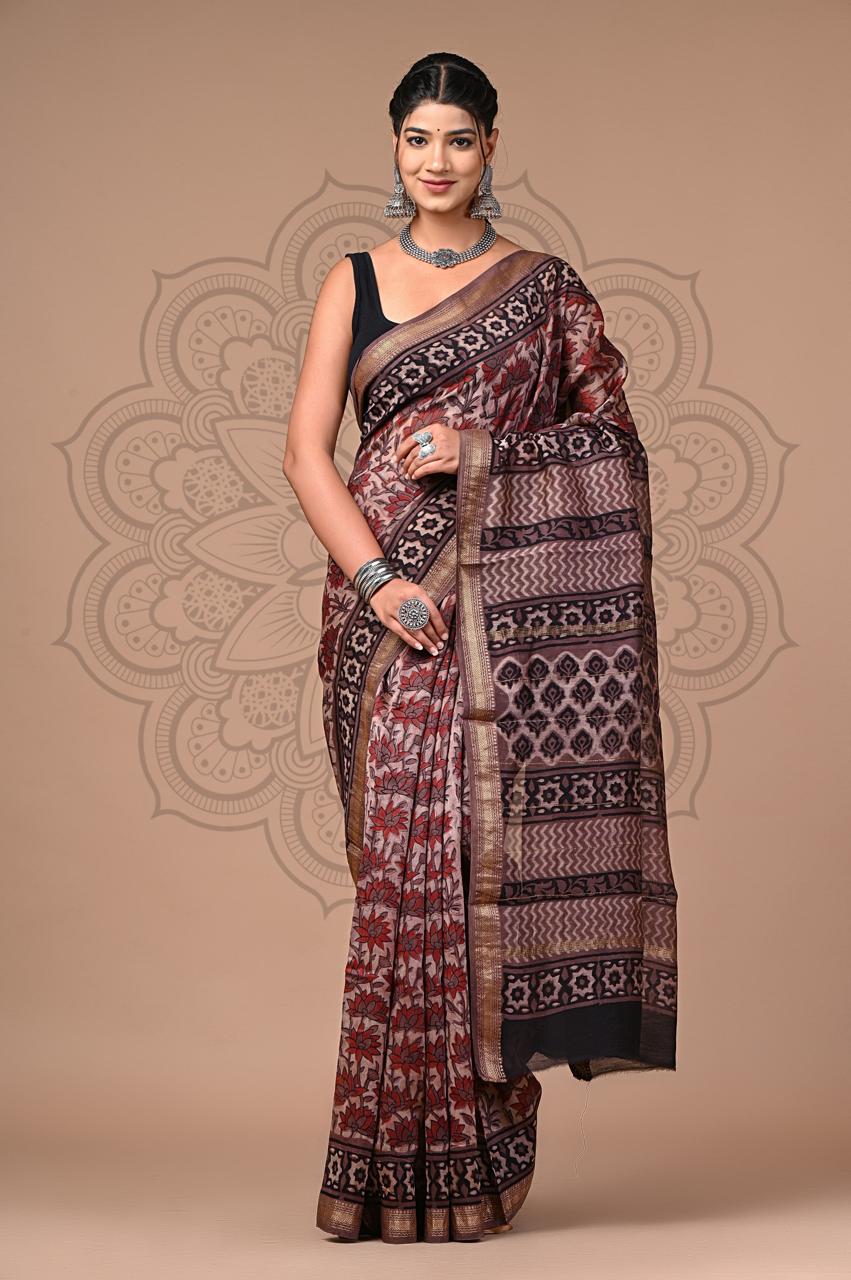 bagru, Maheshwari Silk Vanspati Ajrakh Print Sarees, bagru saree, Ajrakh, saree,hand block saree, Maheshwari Silk