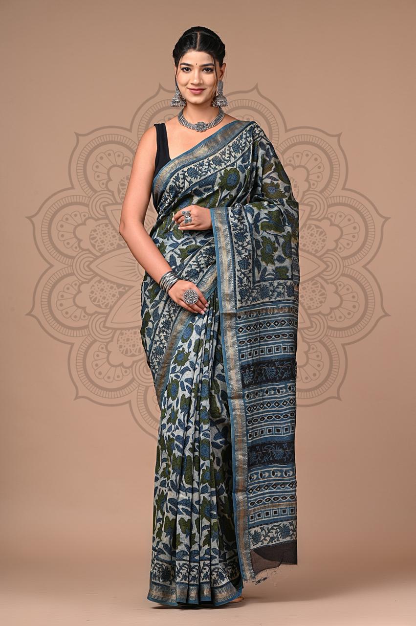 bagru, Maheshwari Silk Vanspati Ajrakh Print Sarees, bagru saree, Ajrakh, saree,hand block saree, Maheshwari Silk