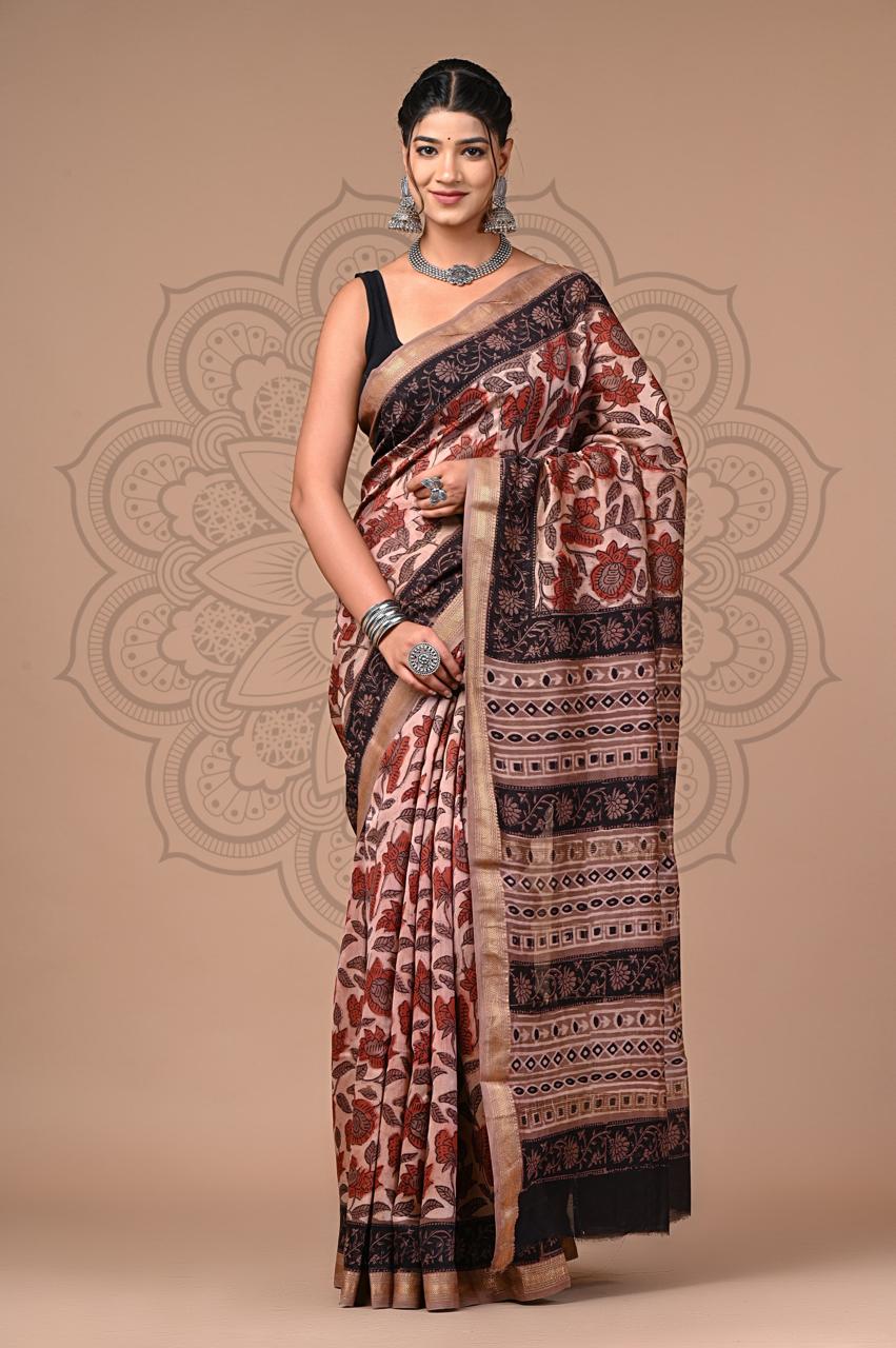 bagru, Maheshwari Silk Vanspati Ajrakh Print Sarees, bagru saree, Ajrakh, saree,hand block saree, Maheshwari Silk