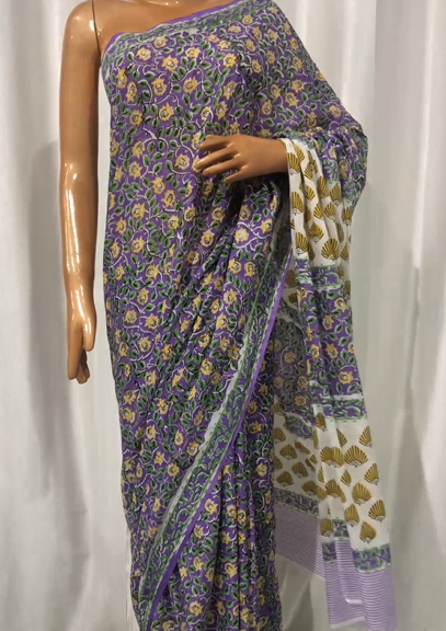 Sanganeri Cotton Hand Block Printed Saree With Blouse Piece - BFSTP1